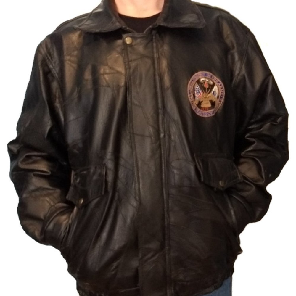 Leather Patchwork Bomber Jacket With Embroidered … - image 1